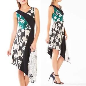 BCBGMaxAzria Meera Dress Womens XS Green Black Floral Jersey Asymmetric Hem